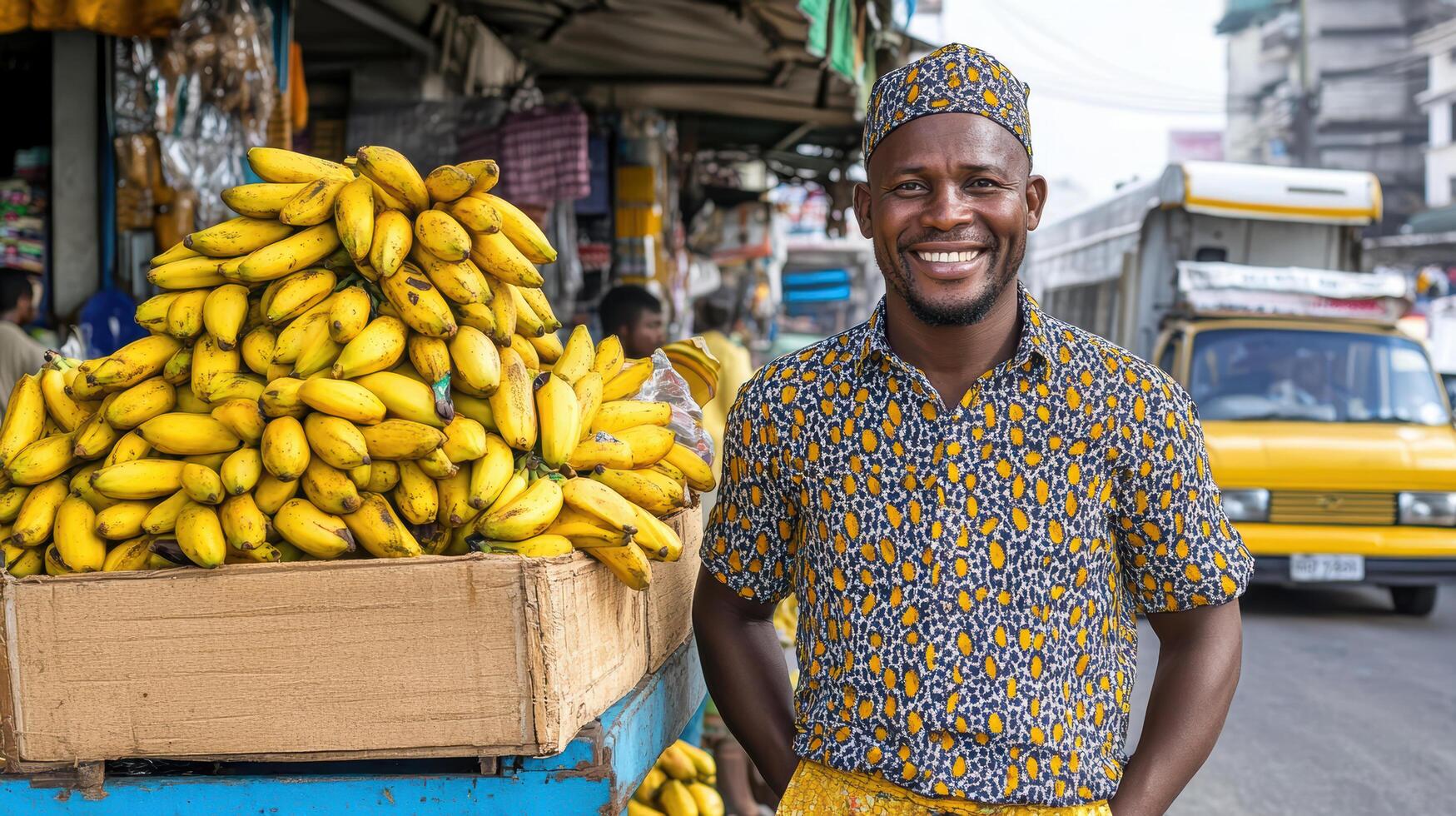 Marchand ivoirien avec des bananes au marché local